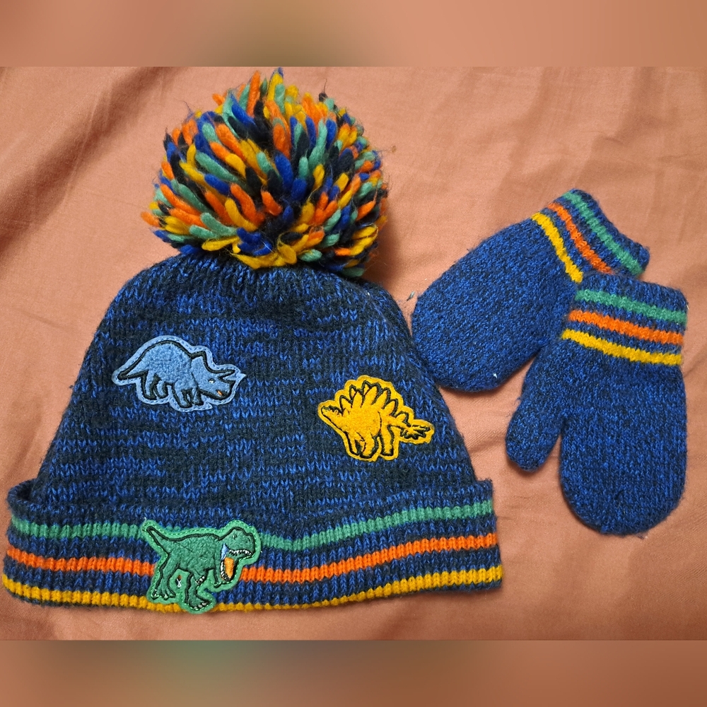 Children's Place Dinosaur Knit Hat and Mittens Set - Blue - size 2T-3T